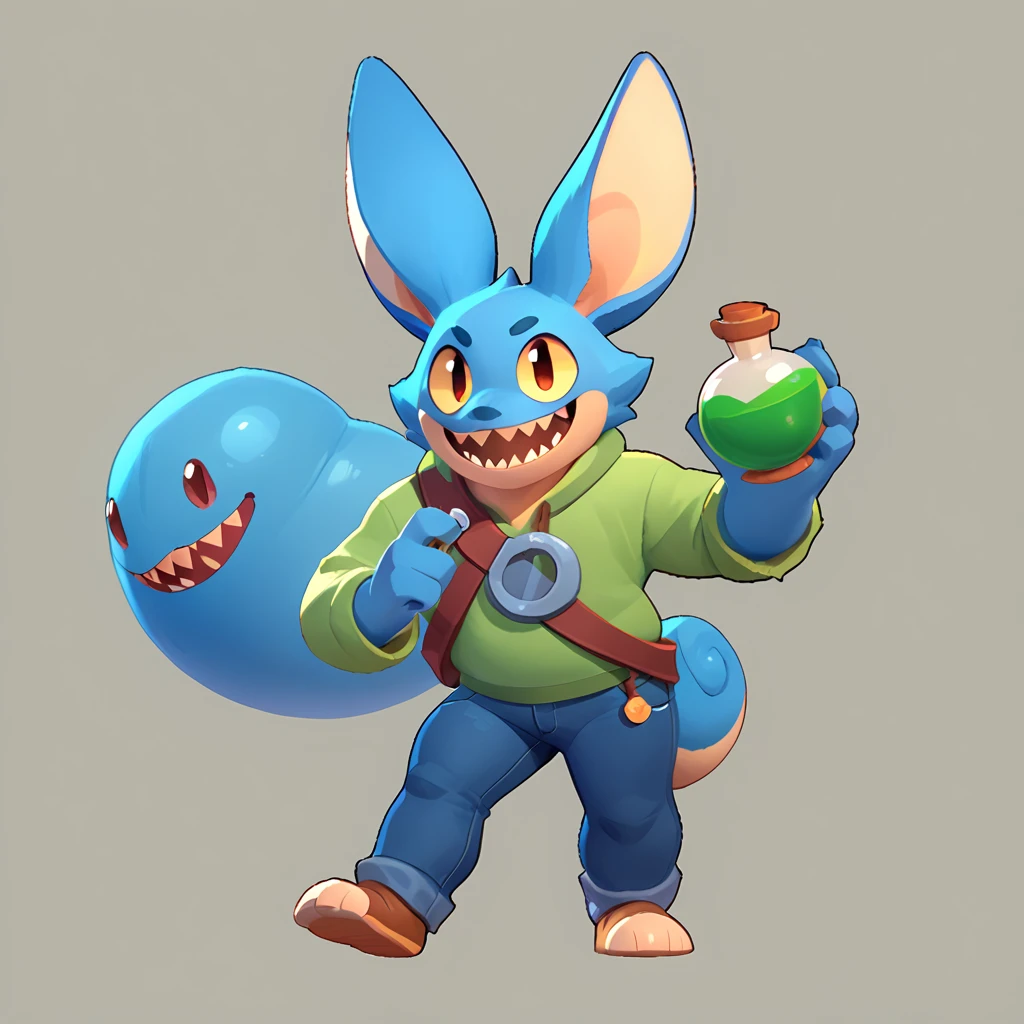 Full body view from a round creature with blue fur, male, long ears, smiling, sharp teeth, wearing jeans, friendly round creature, holding a green potion in his hand