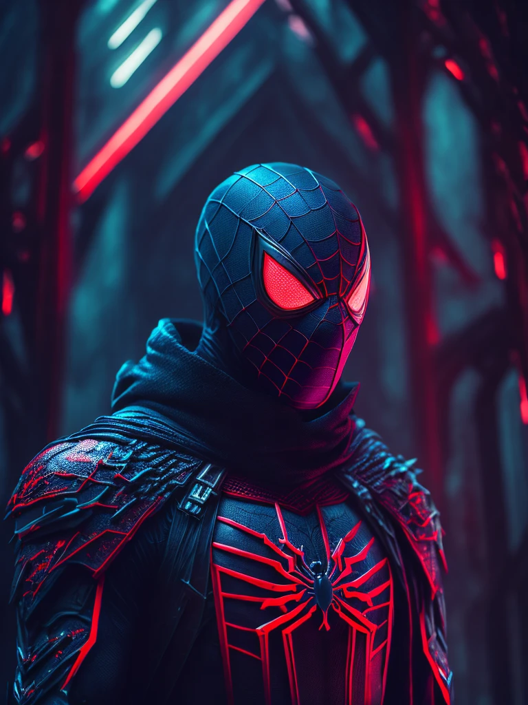 a gloomy portrait of a bloody spider-man with intricate angular cybernetic implants inside a brutalist building, gothic brutalist cathedral, cyberpunk, award-winning photo, bokeh, neon lights, cybernetic limb