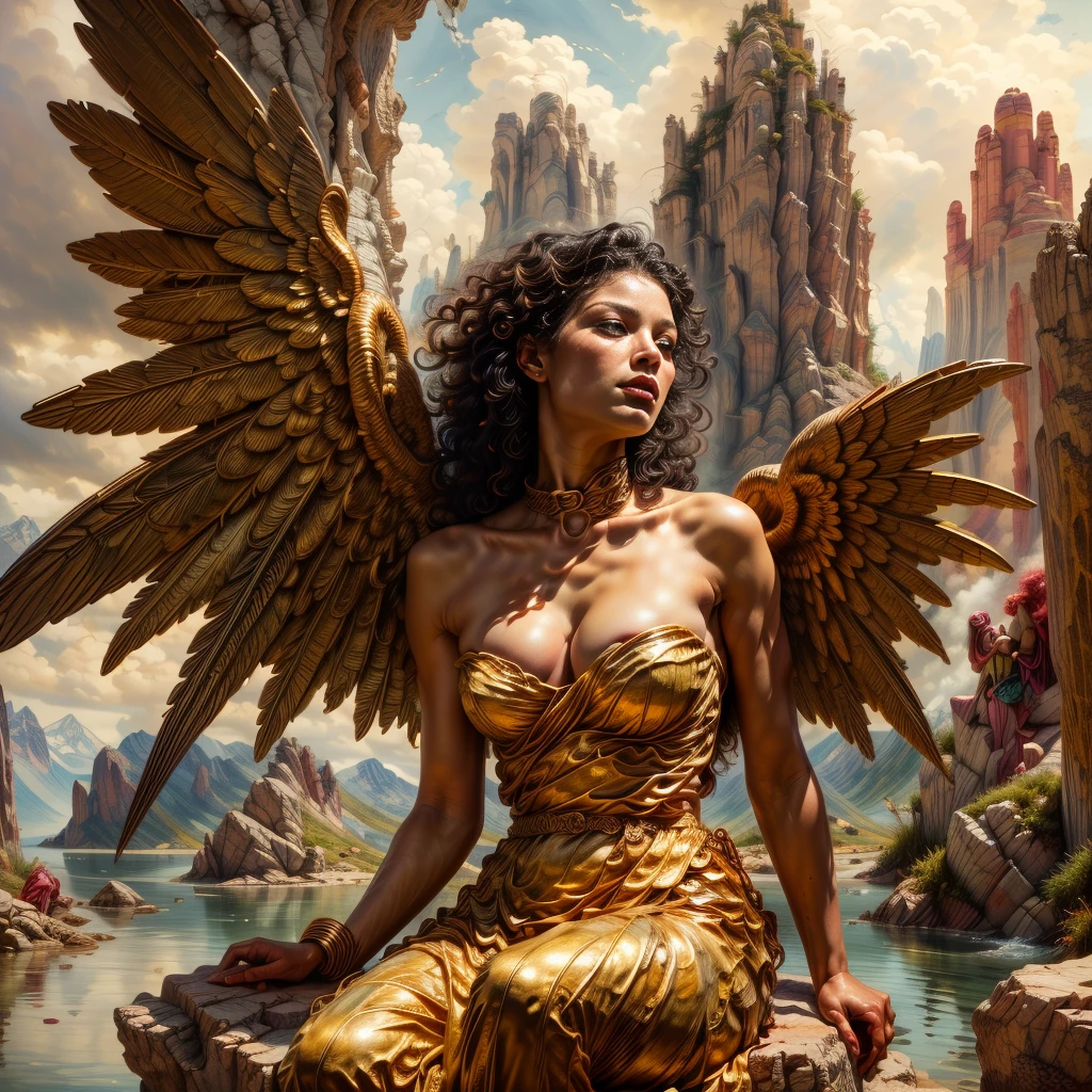 (Half-body statue:1.5),Highly detailed and beautiful angel,(Delicate and detailed angel wings:1.5),Exquisite and detailed facial features,(Beautiful blonde curly hair:1.4),Highly detailed face and hair,Long eyelashes,Beautifully detailed eyes,Beautifully detailed lips,Flowing elegant dress,Glowing aura,Heavenly landscape,A stunning landscape of rolling hills, lush meadows, and a shimmering lake, (best quality,4k,8k,highres,masterpiece:1.2),ultra-detailed,(realistic,photorealistic,photo-realistic:1.37),HDR,UHD,studio lighting,ultra-fine painting,sharp focus,physically-based rendering,extreme detail description,professional,vivid colors,bokeh,landscape,serene,idyllic,golden hour lighting,dramatic sky,fluffy clouds,reflective lake,vibrant greens,wildflowers,ancient castle,medieval architecture