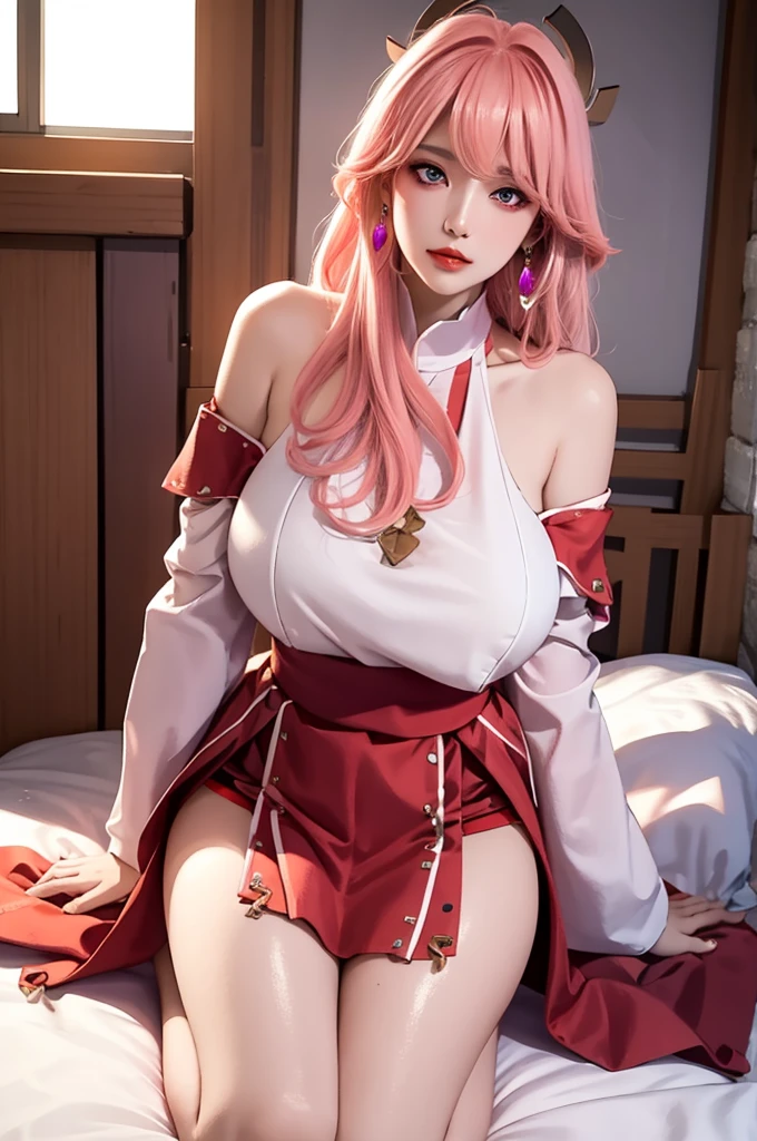 A realistic and detailed image of a girl wearing an off-shoulder blouse and a pleated miniskirt. She has long pink hair. purple eyes. she has earrings, long eyelashes. she has plump lips, big breasts, slim waist, Hips are very wide,Thighs are thick. breast view, panty view. Arched backward. and she kneels on the bed,The sunset sun shines on her.
