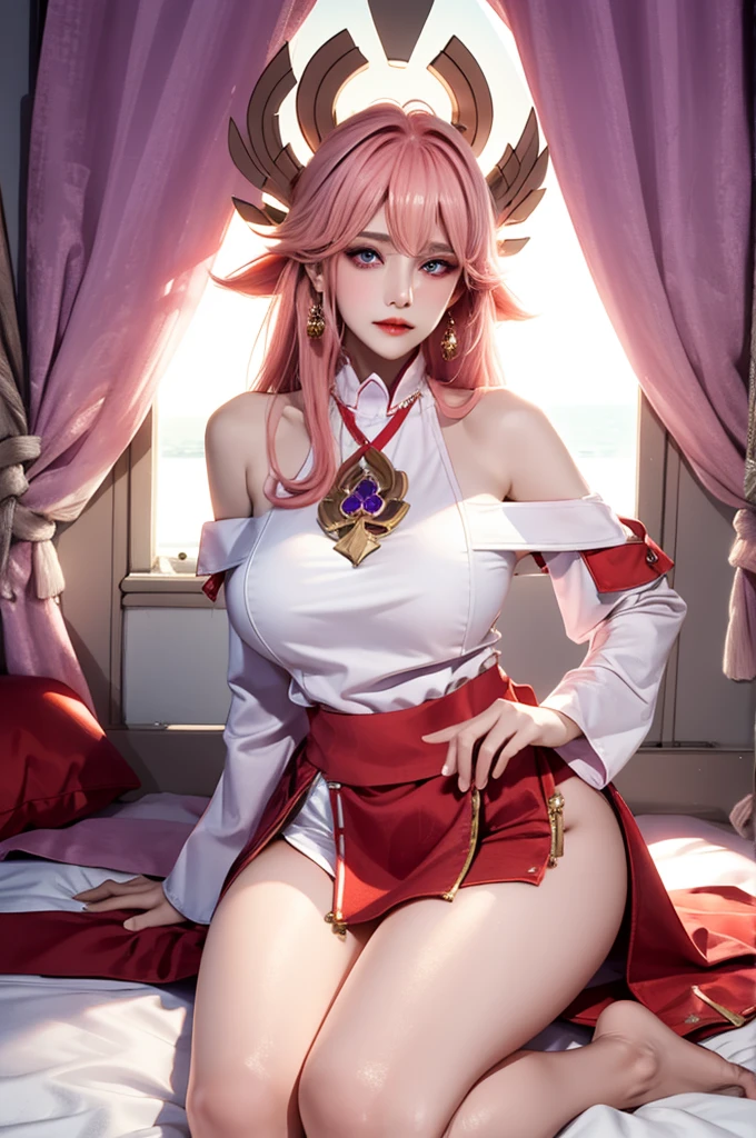 A realistic and detailed image of a girl wearing an off-shoulder blouse and a pleated miniskirt. She has long pink hair. purple eyes. she has earrings, long eyelashes. she has plump lips, big breasts, slim waist, Hips are very wide，Thighs are thick. breast view, panty view. Arched backward. and she kneels on the bed，The sunset sun shines on her.