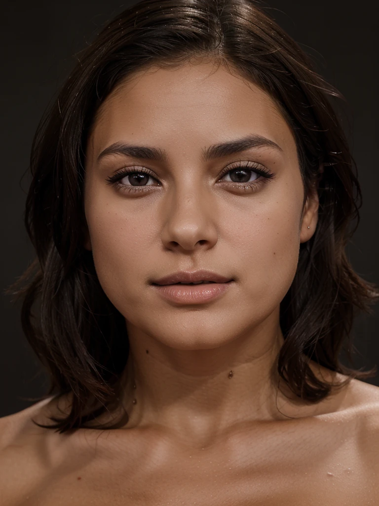brunette de 32 ans, tanned skin, sexly, bare breasts, closeup headshot, raunchy, fesses, Sex, nudity, dark plain background