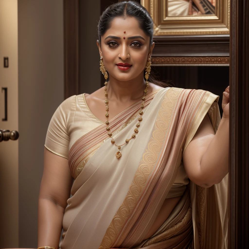 50yo mature MILF Anushka Shetty,((best quality)), ((masterpiece)), ((realistic)), eye kajal, mascara, red lips, sensual Beauty, provoking body, extreme sweat, sweat soaked skin, slight stretch marks, alluring figure,  bulging figure, thick charming lady, curvy, thick navel, full figured woman, eye kajal, massive breast, full body, styled hair, pierced eyes, female face,royal aura, trend on artstation , sharp focus, studio photo, intricate detail, very detailed, detailed eye, illustration, very detailed, sharp focus, digital render, professional, 4k