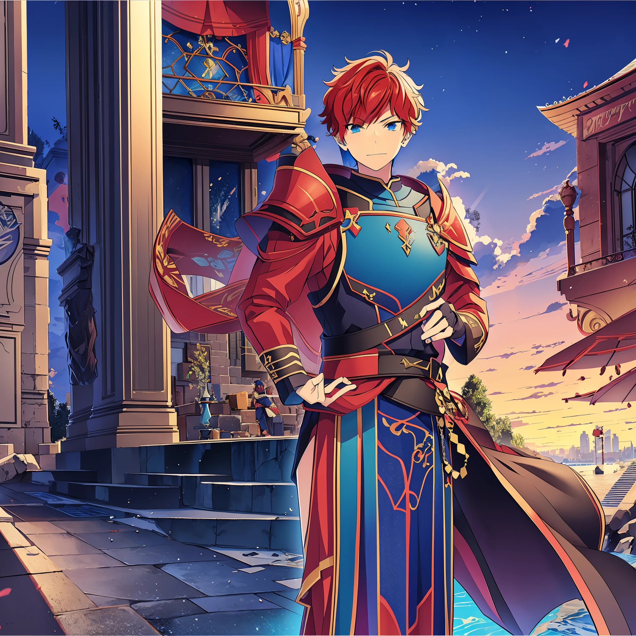 a boy, Red hair, blue colored eyes, red knight armor, heavy armor, posture would be, city in the background, No hero, 15year old, natta, closed sky, chest armor, focus from the waist up, avoid hands in the image, No hands, heroic smile, armadura Mediovale, cavaleiro Mediovale, Mediovale.