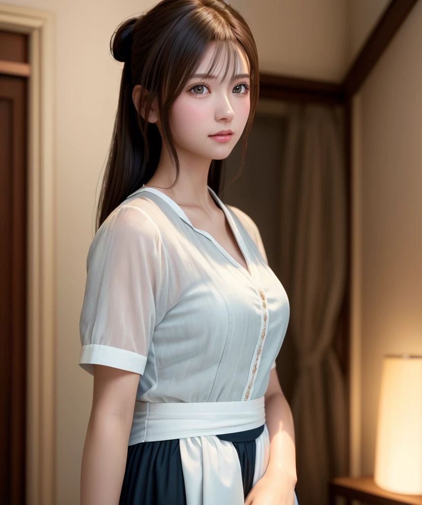 8K, of the highest quality, masutepiece:1.2), (Realistic, Photorealsitic:1.37), of the highest quality, masutepiece, Beautiful young woman, Pensive expression,、A charming、and an inviting look, Cute Maid Clothes, Hair tied back, Cinematic background, Light skin tone