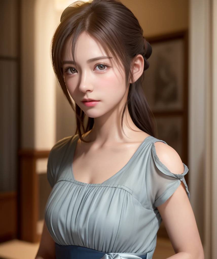 8K, of the highest quality, masutepiece:1.2), (Realistic, Photorealsitic:1.37), of the highest quality, masutepiece, Beautiful young woman, Pensive expression,、A charming、and an inviting look, Cute Maid Clothes, Hair tied back, Cinematic background, Light skin tone