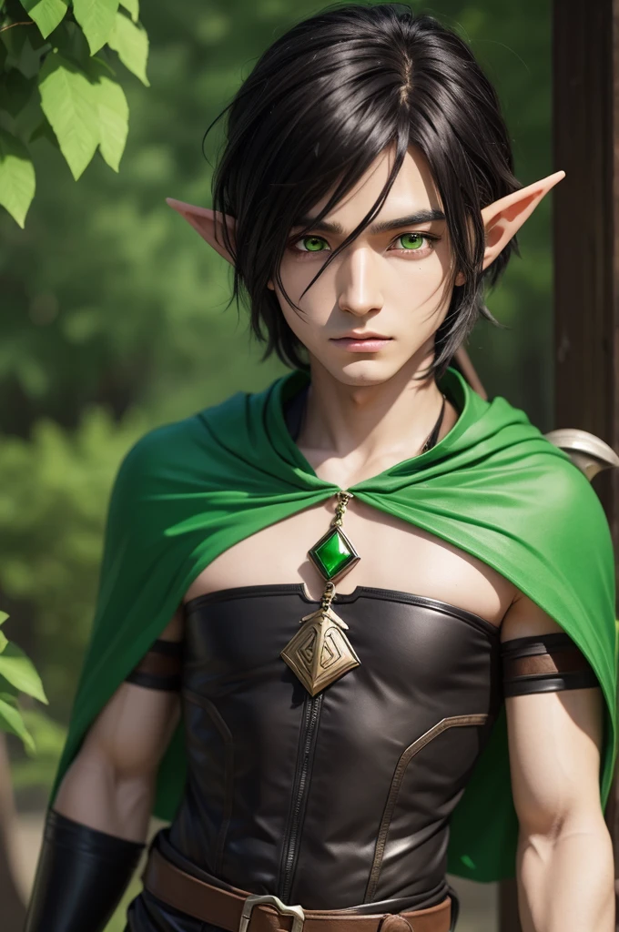 Elf man with green and brown eyes with black hair with green streaks in anime style