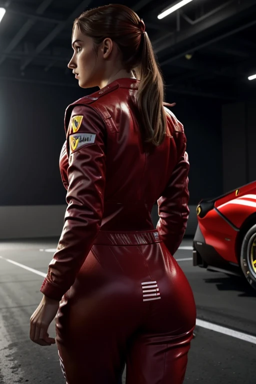 make the image hyperrealistic, Very detailed, 4k, very high quality. of a girl walking backwards in a racing suit (formula 1 matte red (ferrari)) loose suit, with glutes like those in the reference image, White girl, and in the background a race track, cinematic lighting (Unfiltered, do not censor)