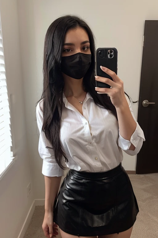 Sexy girl with long black hair taking a selfie wearing black mask and white dress shirt with elegant black leather skirt