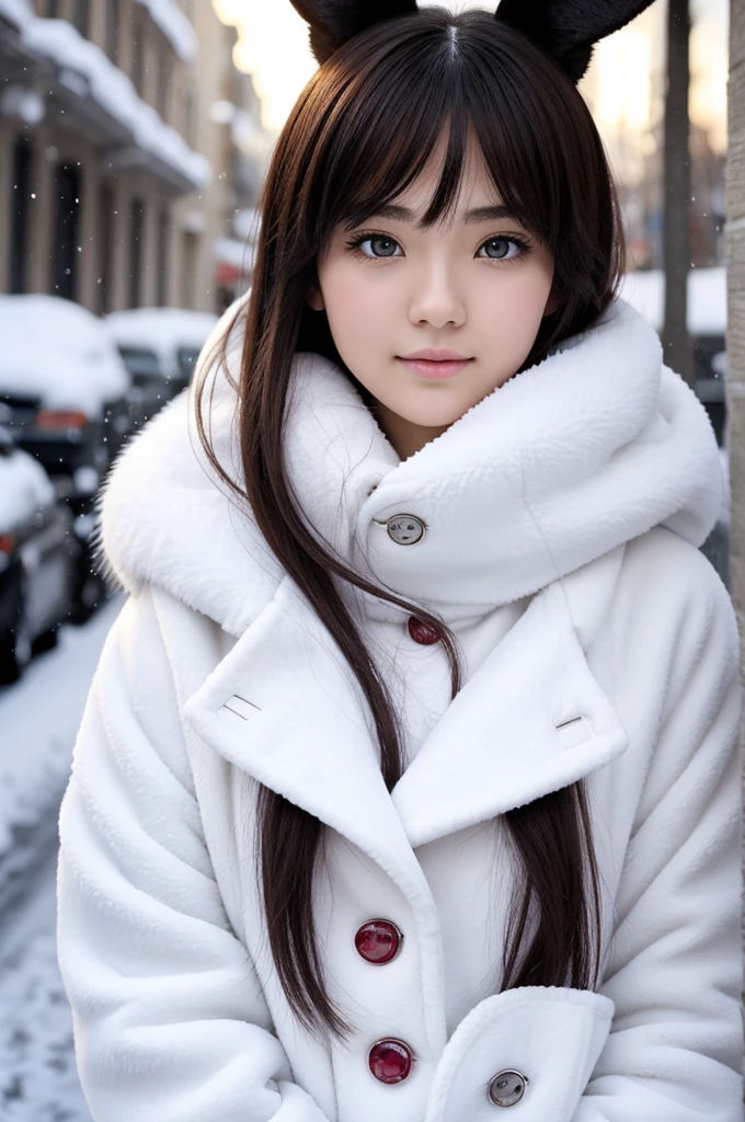 anime style woman in her twenties, her eyes were red like rubies, He had a nice round face and big bright eyes.. Her lips were lush. He was wearing a white fur coat, just wrapped around your chest and lower body, a large part of his snow-white skin was exposed. His ears were like rabbit ears, her eyes were red like rubies, his nose was small and delicate, had an extremely cute appearance