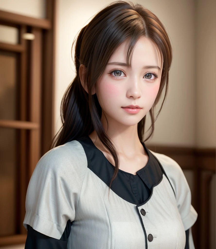 8K, of the highest quality, masutepiece:1.2), (Realistic, Photorealsitic:1.37), of the highest quality, masutepiece, Beautiful young woman, Pensive expression, Gentle look, Cute Maid Clothes, Hair tied back, feeling radiant, Cinematic background,, Light skin tone