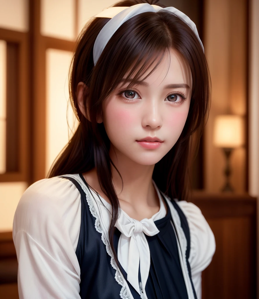 8K, of the highest quality, masutepiece:1.2), (Realistic, Photorealsitic:1.37), of the highest quality, masutepiece, Beautiful young woman, Pensive expression, Gentle look, Cute Maid Clothes, Hair tied back, feeling radiant, Cinematic background,, Light skin tone