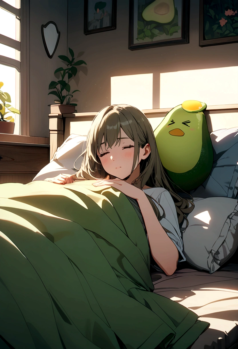 An avocado in the shape of a woman in her room lying on the bed with pillows on top 