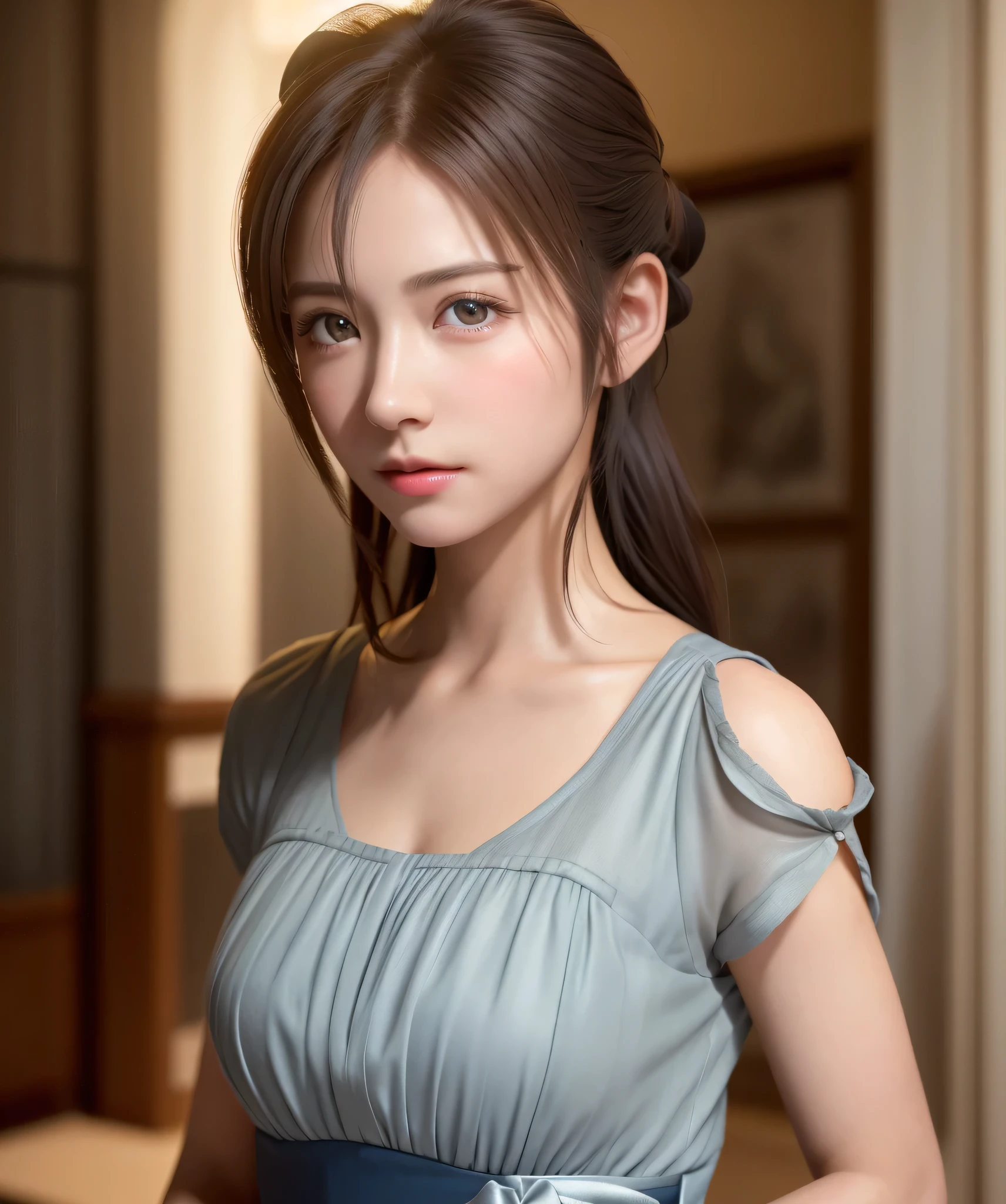 8K, of the highest quality, masutepiece:1.2), (Realistic, Photorealsitic:1.37), of the highest quality, masutepiece, Beautiful young woman, Pensive expression,、A charming、and an inviting look, Cute Maid Clothes, Hair tied back, Cinematic background, Light skin tone