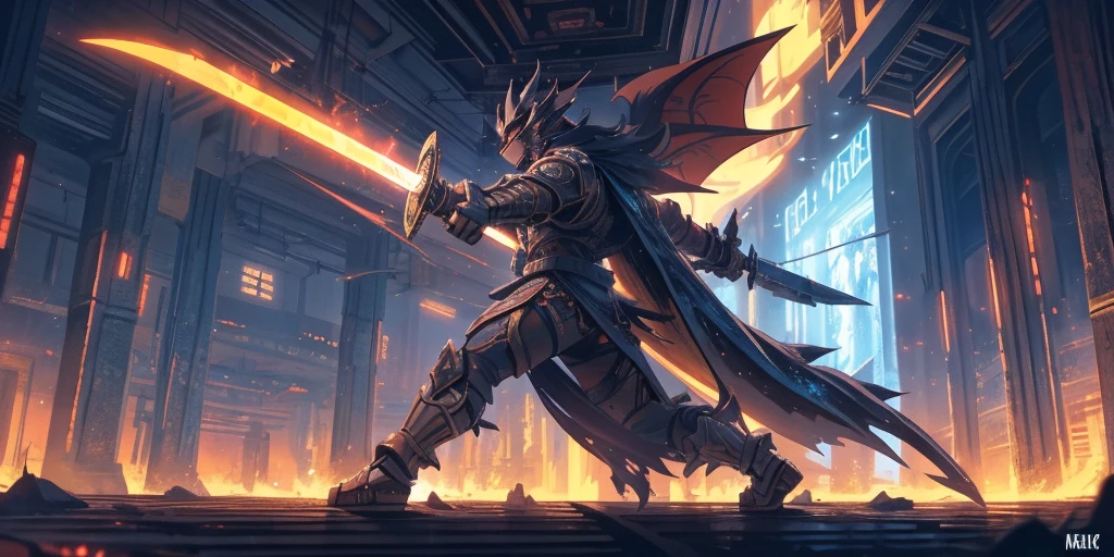 Ancient anime style, artbook, comicbook, RPG, futuristic medieval. Warrior in dragon rat armor, with human face with glowing magic tattoos, red neon details, with technological medieval armor with glowing magic marks, full body, sword with long handle with glowing magic marks. Epic scene, wide and deep scenery, with several depth planes, stylish and dynamic pose. In the middle of a retro atompunk magical metropolis, mixing technology and vegetation, buildings with neon details and glowing magical vegetation, technological magical airships with glowing details in the sky.