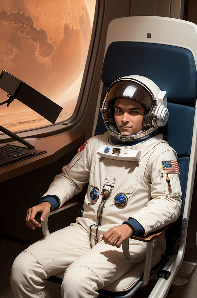 Create an image of the planet Mars with an astronaut sitting in a chair drinking a beer.