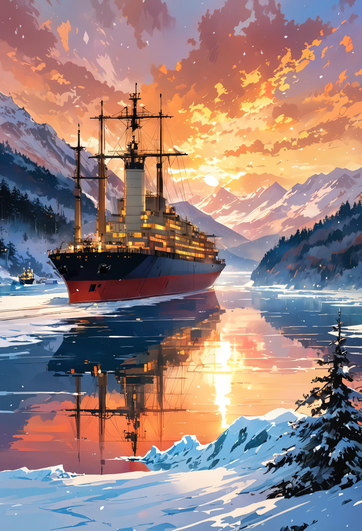 (best quality,highres,masterpiece:1.2),Arte de Yoji Shinkawa,concept art,storybook-like container ship,Snow-covered,cozy,illustrated,oil painting style,detailed sea waves,warm light,icy mountains,beautifully textured clouds,forested mountains,winter wonderland,colorful sunset,subtle reflections in the water,shimmering snowflakes,fantasy atmosphere,vivid colors,impressionistic brushstrokes,majestic size of the ship,glowing windows on the ship,peaceful surroundings