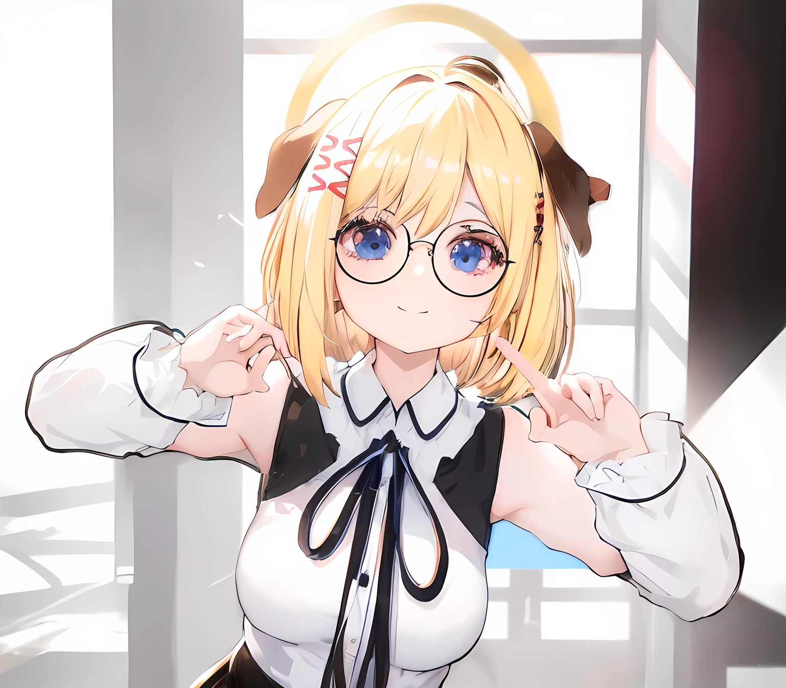 blonde anime girl in a short black skirt and white shirt with blue eyes, wearing round glasses, have a cute brown dog ears, cute smile, look at camera, render of a cute 3d anime girl, anime styled 3d, hanayamata, small curvy , realistic anime 3 d style, 3d anime girl, anime moe artstyle, vrchat, , anime style. 8k, stylized anime, render of april, shikamimi, at a park