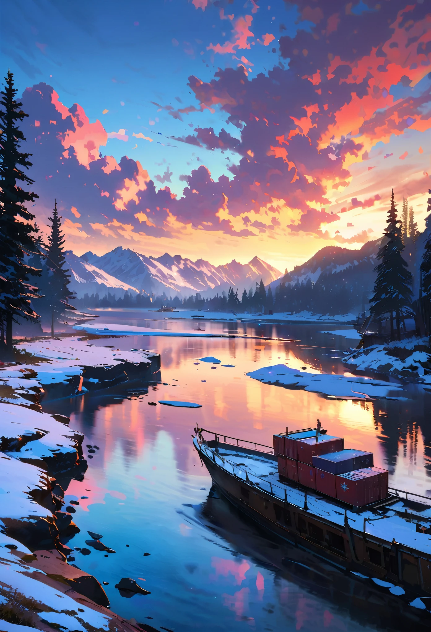 (best quality,highres,masterpiece:1.2),Arte de Yoji Shinkawa,concept art,storybook-like container ship,Snow-covered,cozy,illustrated,oil painting style,detailed sea waves,warm light,icy mountains,beautifully textured clouds,forested mountains,winter wonderland,colorful sunset,subtle reflections in the water,shimmering snowflakes,fantasy atmosphere,vivid colors,impressionistic brushstrokes,majestic size of the ship,glowing windows on the ship,peaceful surroundings