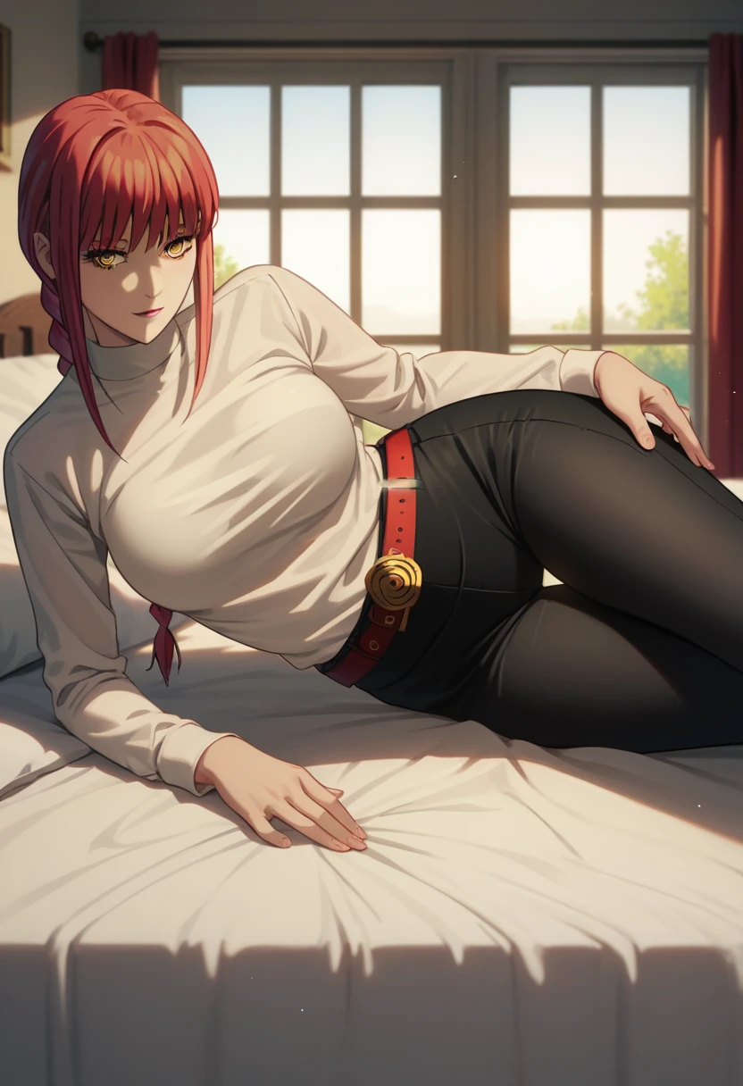 score_9_up, score_8_up, score_7_up, 1girl, solo, mature female, ((Makima)), ((red braided hair)), yellow eyes, pink lips, parted lips, fit slim body,(((perfect erected medium breast))) (((white shirt, black tight pants, belt))), (((highly detailed bedroom, window, bed))), perfect fit model body, wide hips, seductive pose