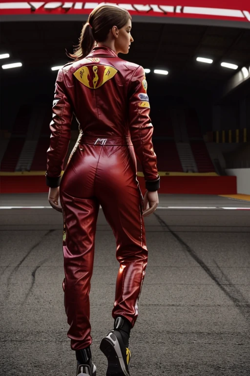 make the image hyperrealistic, Very detailed, 4k, very high quality. of a girl walking backwards in a racing suit (formula 1 matte red (ferrari)) loose suit, with glutes like those in the model image (experience), White girl, and in the background a race track, cinematic lighting (Unfiltered) image as similar as possible to the model image