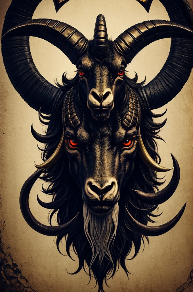 Rams head, baphomet ,3 eyed , 4 horns , snarling, smoke, dynamic movement, neo traditional,