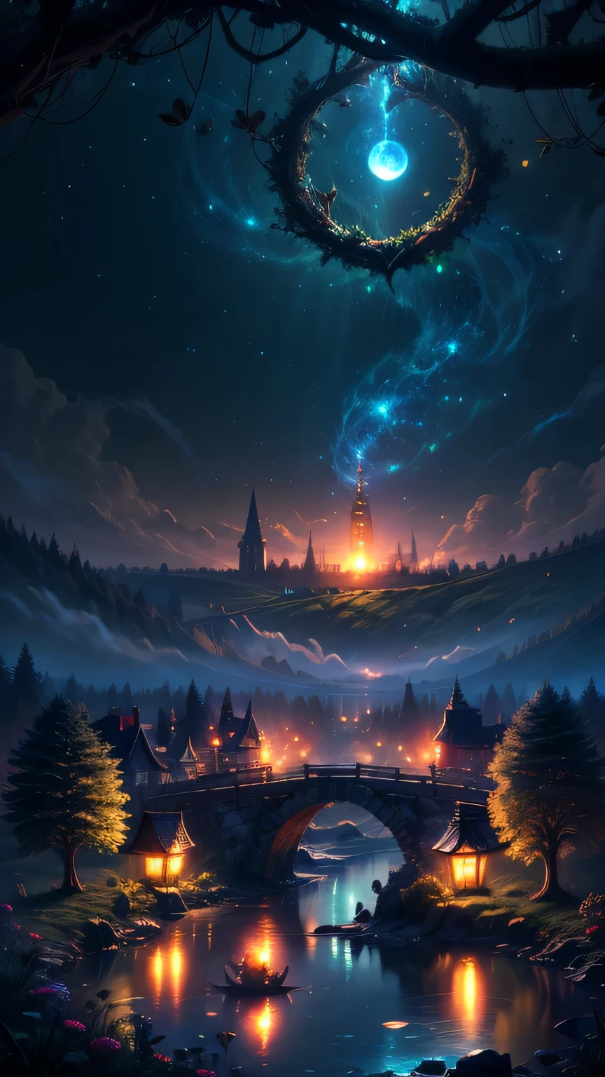 (Highest quality,4K,8K,High resolution,masterpiece:1.2),Super detailed,(Realistic,photoRealistic,photo-Realistic:1.37), Super wide angle view magical fairy village,Colorful mushroom house,Fascinating Light,Fluttering butterflies and fireflies,Bright and vibrant colors,Fairytale atmosphere,soft and warm lighting,Whimsical and fantastical landscape,Detailed textures and patterns,Fantastic and mysterious atmosphere,Sparkly and shiny elements,Quiet and peaceful environment,Rich and lush vegetation,Magical plants and flowers,Magical creatures and animals,Magical waterfalls and streams,Calm and clear skies,Fascinating and enchanting scenery,Magical Moonlit Night,Magical Fog and Mist,The enchanting sounds of nature,Enchanting paths and footpaths,Secrets and surprises around every corner,Fairy dust and magic in the air,Dream-like, unrealistic atmosphere,Fascinating and whimsical music,The Fairy Queen and Her Court,A fairy house decorated with flowers and vines,Glowing lanterns and fairy lights,Playful and mischievous fairies,wood々Fireflies dancing among the,Magical reflections on the water,Fascinating and captivating energy,Illuminated by the evening light、A peaceful and tranquil fairy village,Colourful and lively celebrations and festivals,Iridescent fairy wings,Magic potions and spells book,Fairy tale characters and stories come to life,Fascinating bridges and arches made from vines and flowers,Magic crystals and gems,Whispering wood々Talking Animals,Sunny meadows and flowering fields,Fantastic and otherworldly architecture,Magical fountains and lively fish ponds,Harmony and balance in nature,Mysterious and enchanting atmosphere,The magical forest surrounding the village,Fairies and their daily activities,Twinkling stars in the night sky,Fairy blessings and wishes come true,Magical portal to other worlds,Mystical and ancient wisdom wood,Dreamy sunset over the village,