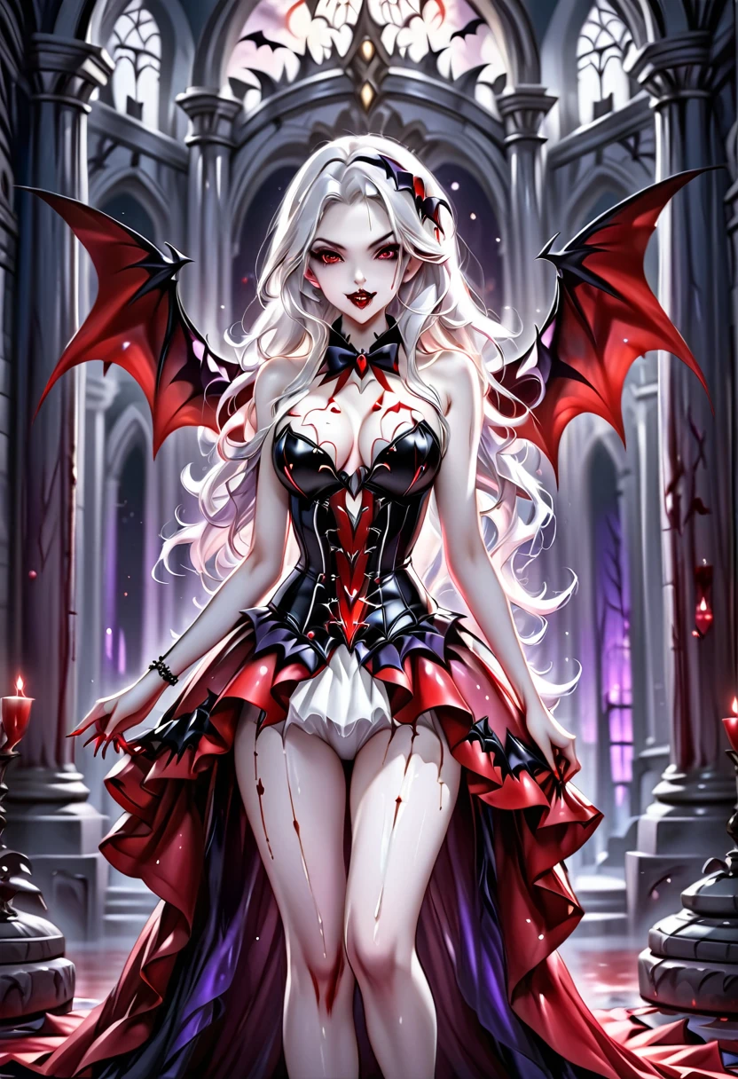fantasy art deco (art deco: 1.5) A (black and white: 1.5) glamours (vampire: 1.5) model shot, RAW, award winning, of an exquisite beautiful 1solo female vampire, ultra feminine, full body, busty woman, most beautiful face ultra detailed face, long hair, wavy hair, pale skin, glowing (red: 1.3) eyes, wearing (purple: 1.5) silk intricate glamour dress corset , studded with (black opals: 1.3) wearing intricate high heels, light make up, ancient library background, , (black and white filter: 1.4), (anatomically correct: 1.4), 1960s photoshoot style, picture taken from dynamic range, vibrant, Ultra-high resolution, High Contrast, (masterpiece:1.5), highest quality, Best aesthetics), best details, best quality, highres, ultra wide angle, 16k, [ultra detailed], masterpiece, best quality, (extremely detailed), Intense Gaze, RedGlitter, dark novel, Blood_Covered, goth person