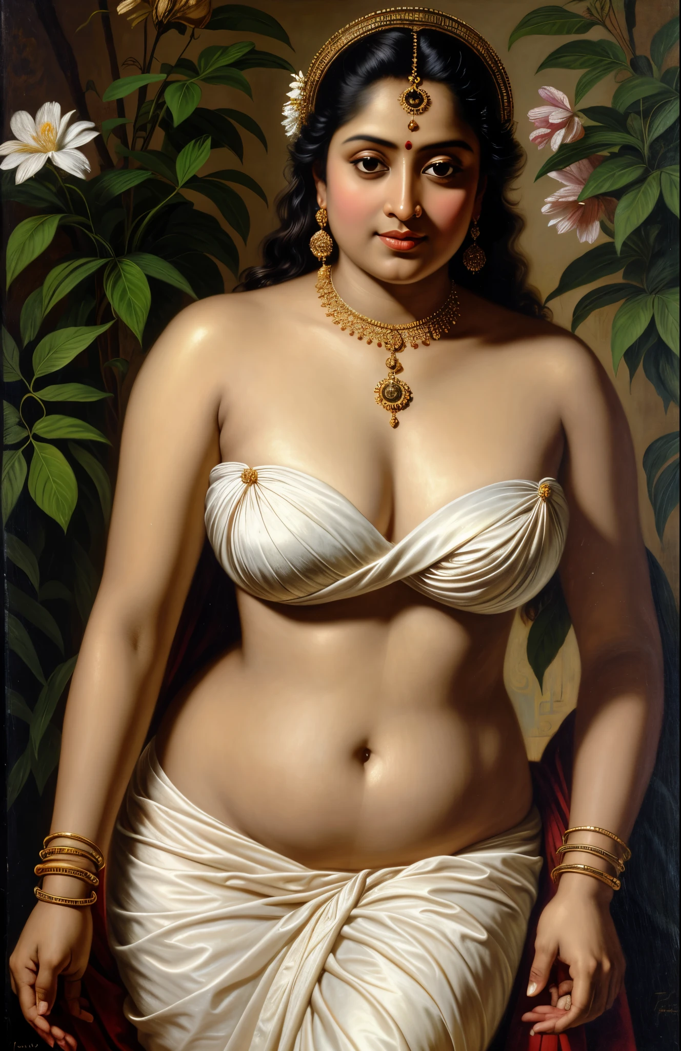 Looks like Roopa Ganguly, Beautiful Indian Woman, wearing saree, sari Beauty, gorgeous, curvy, sexy navel folds, Apsara, Maharani, royal queen woman, nymph from Hindu Mythology, Urvashi, matchless beauty, Highly detailed, Oil Painting by Peter Paul Rubens inspired by Raja Ravi Varma, Matchless beauty, captivating, gorgeous, heavenly beauty, celestial beauty, by Peter Paul Rubens, 13, realistic, hyper realistic, micro details, incredible artwork, insane details, ultra High resolution, 8k, 32k, acrylic on canvas, intricate, flawless, detailed, detailed face, detailed eyes, masterpiece, by Peter Paul Rubens, by Caravaggio, by William Adolphe bouguereau, perfect face, perfect body, beautiful art, realism, baroque, renaissance Art, highly textured, beautiful and detailed eyes, uhd, best quality,