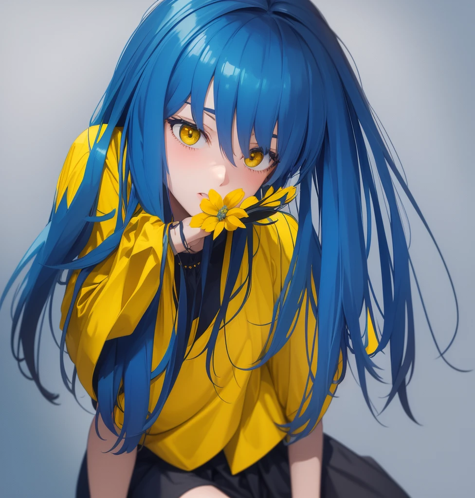 European girl with long blue hair, prominent yellow eyes, yellow clothes with blue, very short blue skirt with yellow horizontal striped pattern, blue and yellow blouse, daring face, two solid color background (blue and yellow) The girl has a yellow flower in her hand which she is smelling., The girl is in front showing the profile of her face smelling the yellow flower, In front you can see black-blue shorts that reach to his knees and are tight and shiny., the girl has a slim build, she is in an empty background, the background only has two colors, grabs a single flower with his hand which he is smelling, has no bottom, she is 7 heads tall, she is blushing