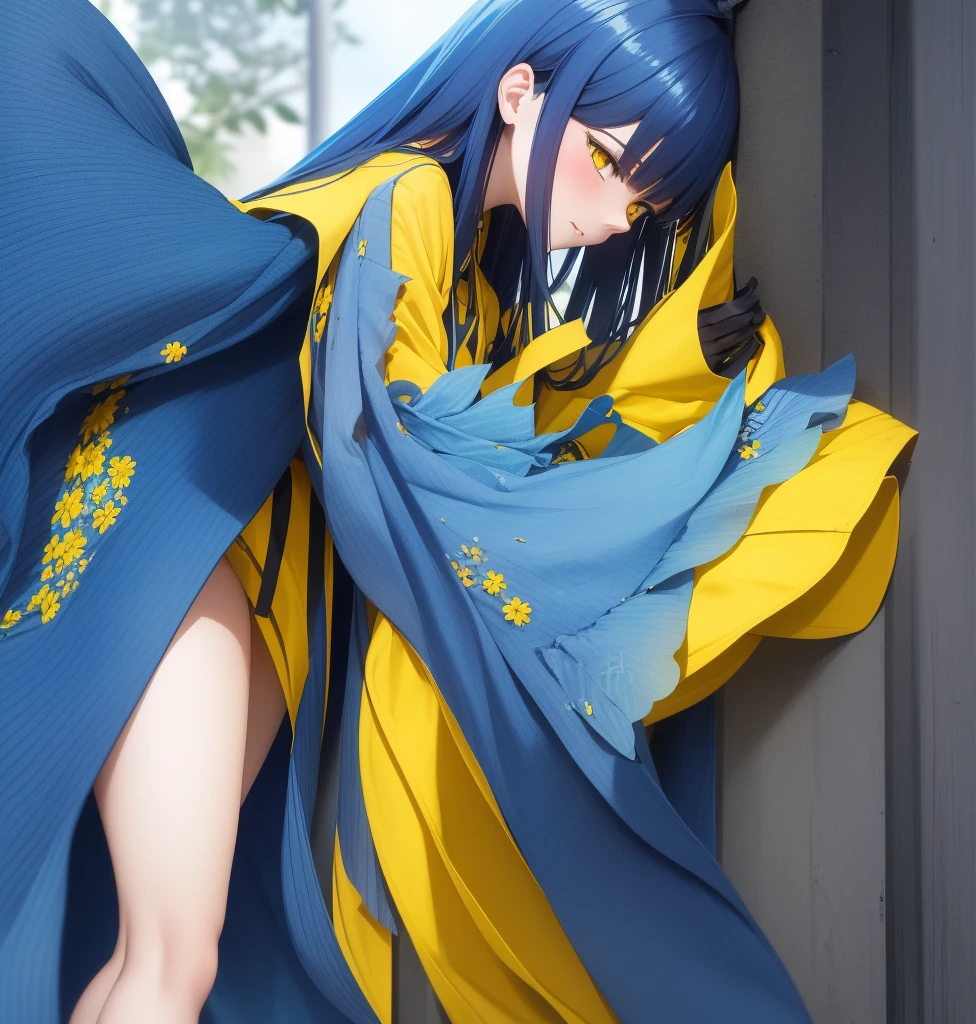 European girl with long blue hair, prominent yellow eyes, yellow clothes with blue, very short blue skirt with yellow horizontal striped pattern, blue and yellow blouse, daring face, two solid color background (blue and yellow) The girl has a yellow flower in her hand which she is smelling., The girl is in front showing the profile of her face smelling the yellow flower, In front you can see black-blue shorts that reach to his knees and are tight and shiny., the girl has a slim build, she is in an empty background, the background only has two colors, grabs a single flower with his hand which he is smelling, has no bottom, she is 7 heads tall, she is blushing