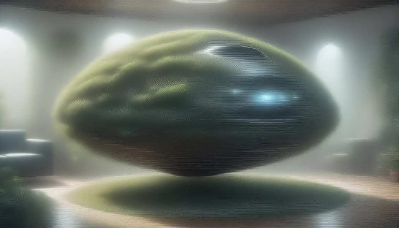 one organic steampunk mechanical sci-fi UFO sits on the floor of a modern living room with carpet, planted with plants, Modern interior, high quality photo, Ultra high resolution, (Photorealistic:1.4), cinema lighting, insanely detailed, hyperrealistic, small parts, Octane render