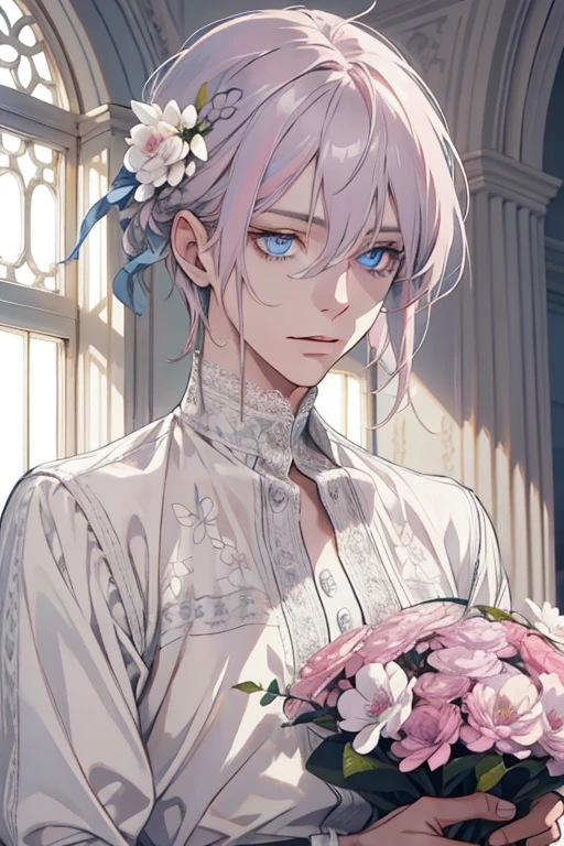 1 man, Realistic, master-piece, bestquality, Beautiful, detailed eyes and detailed faces.,natural light, European retro, White shirt, lace, Long grey pink hair, blue grey eyes, attractive, depressed, Decorative flowers, sunbeam, 31 years.