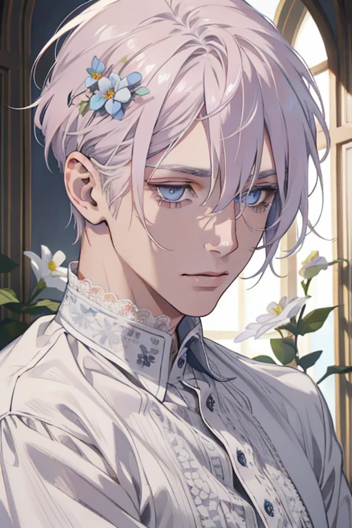 1 man, Realistic, master-piece, bestquality, Beautiful, detailed eyes and detailed faces.,natural light, European retro, White shirt, lace, Long grey pink hair, blue grey eyes, attractive, depressed, Decorative flowers, sunbeam, 31 years.