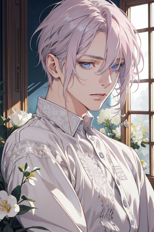 1 man, Realistic, master-piece, bestquality, Beautiful, detailed eyes and detailed faces.,natural light, European retro, White shirt, lace, Long grey pink hair, blue grey eyes, attractive, depressed, Decorative flowers, sunbeam, 31 years.