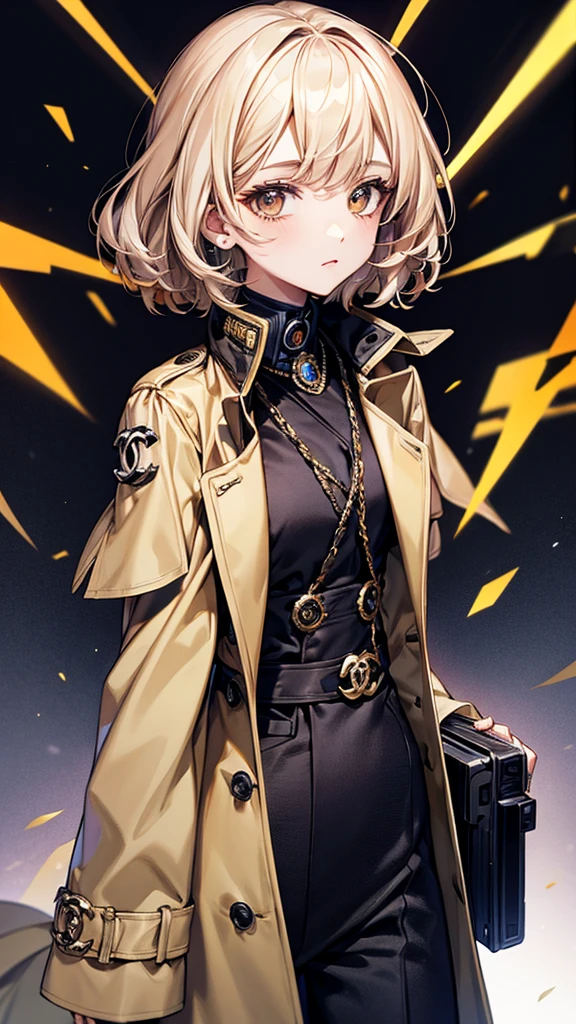 Chanel Suit, Shoulder pads, trench coat, Video camera, Discman