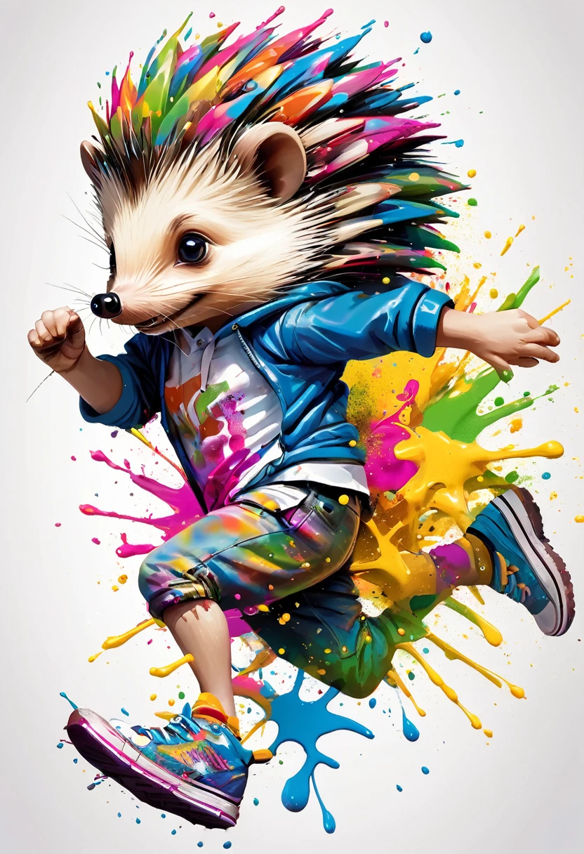 paint splash, Patrick Murciano Style, (Cute hedgehog running: 1.3), ink art, lateral view, Hip hop fashion design style,