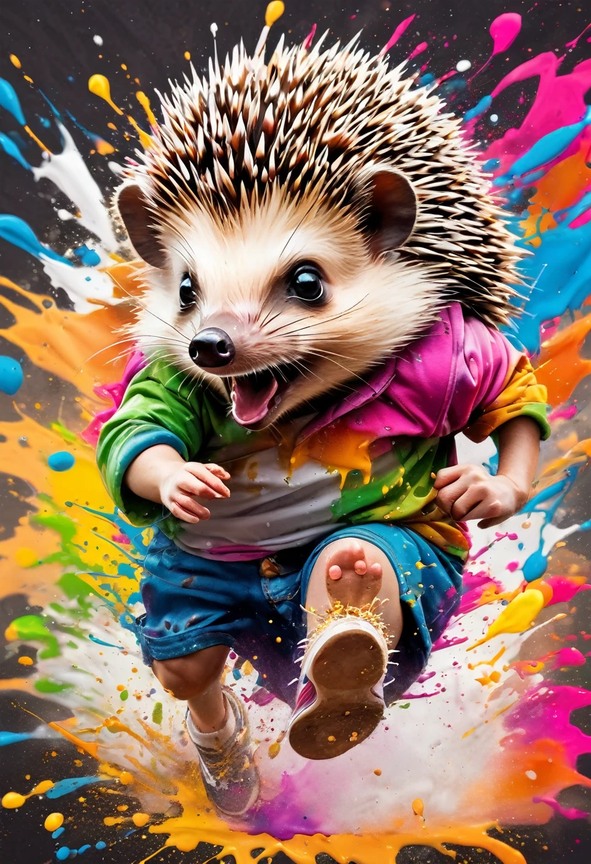 paint splash, Patrick Murciano Style, (Cute hedgehog running: 1.3), ink art, lateral view, Hip hop fashion design style,