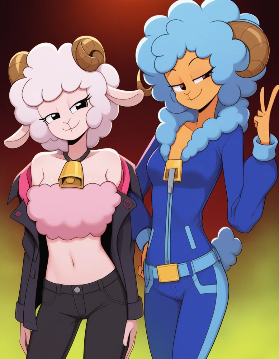 Best quality, Super detailed illustration, Warm colors, perfect lighting, (fluffy girl sheep:1.6), disheveled thick hair, wearing a coat with a strap, pants, smug smile, happy mood , slim, Perfect body,