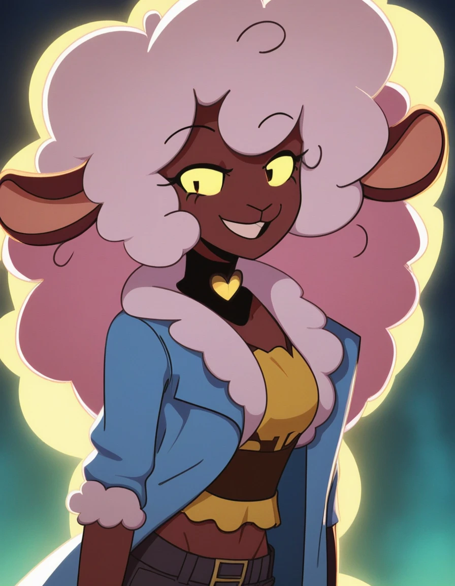 Best quality, Super detailed illustration, Warm colors, perfect lighting, (fluffy girl sheep:1.6), disheveled thick hair, wearing a coat with a strap, pants, smug smile, happy mood ,  slim, Perfect body,