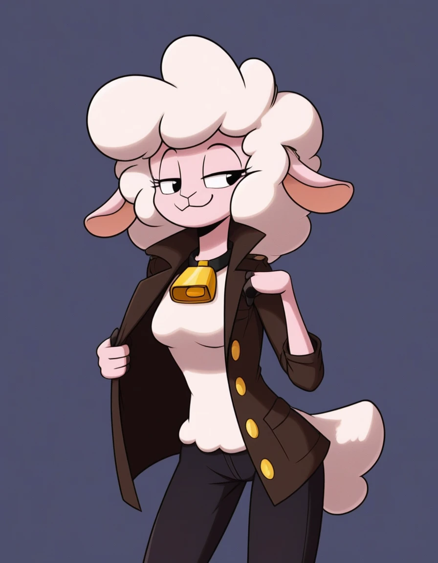 Best quality, Super detailed illustration, Warm colors, perfect lighting, (fluffy girl sheep:1.6), disheveled thick hair, wearing a coat with a strap, pants, smug smile, happy mood ,  slim, Perfect body,