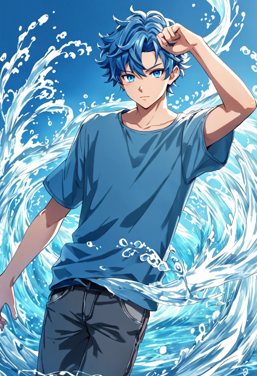 anime model, ager man with blue short wavy hair, blue colored eyes, casual clothes, water element powers, work of art.