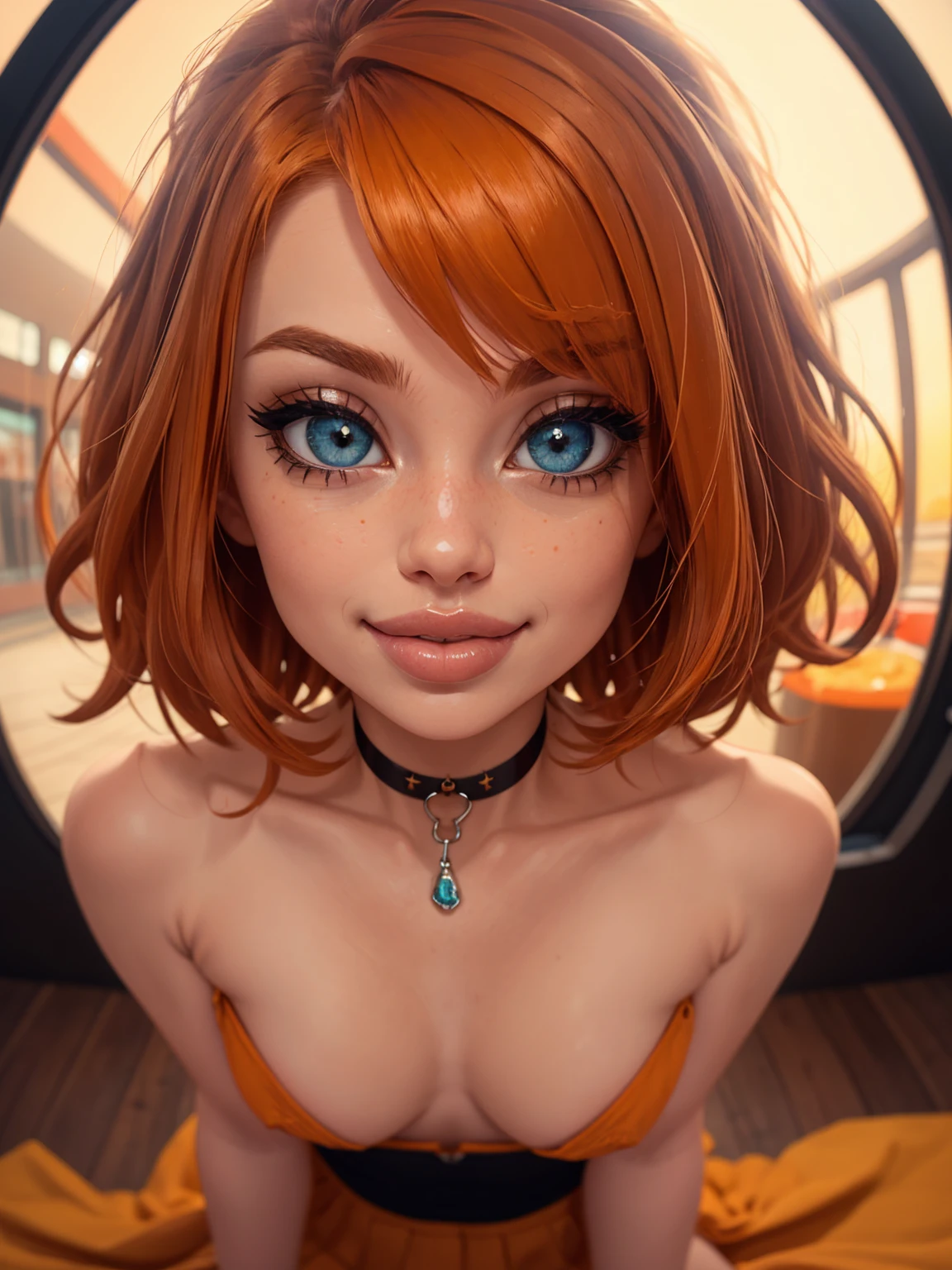 SFW, 1girl, big clear eyes, eye contact, (small breasts:1.2), red choker, wide view, parted lips, pulpy lips, bright orange hair, showing off skirt, short messy hair, bangs, highly detailed, soft tones, extreme detail, no background, (detailed textures:1.1),  dramatic light, happy smile, high Depth Of Field, slight fisheye lens