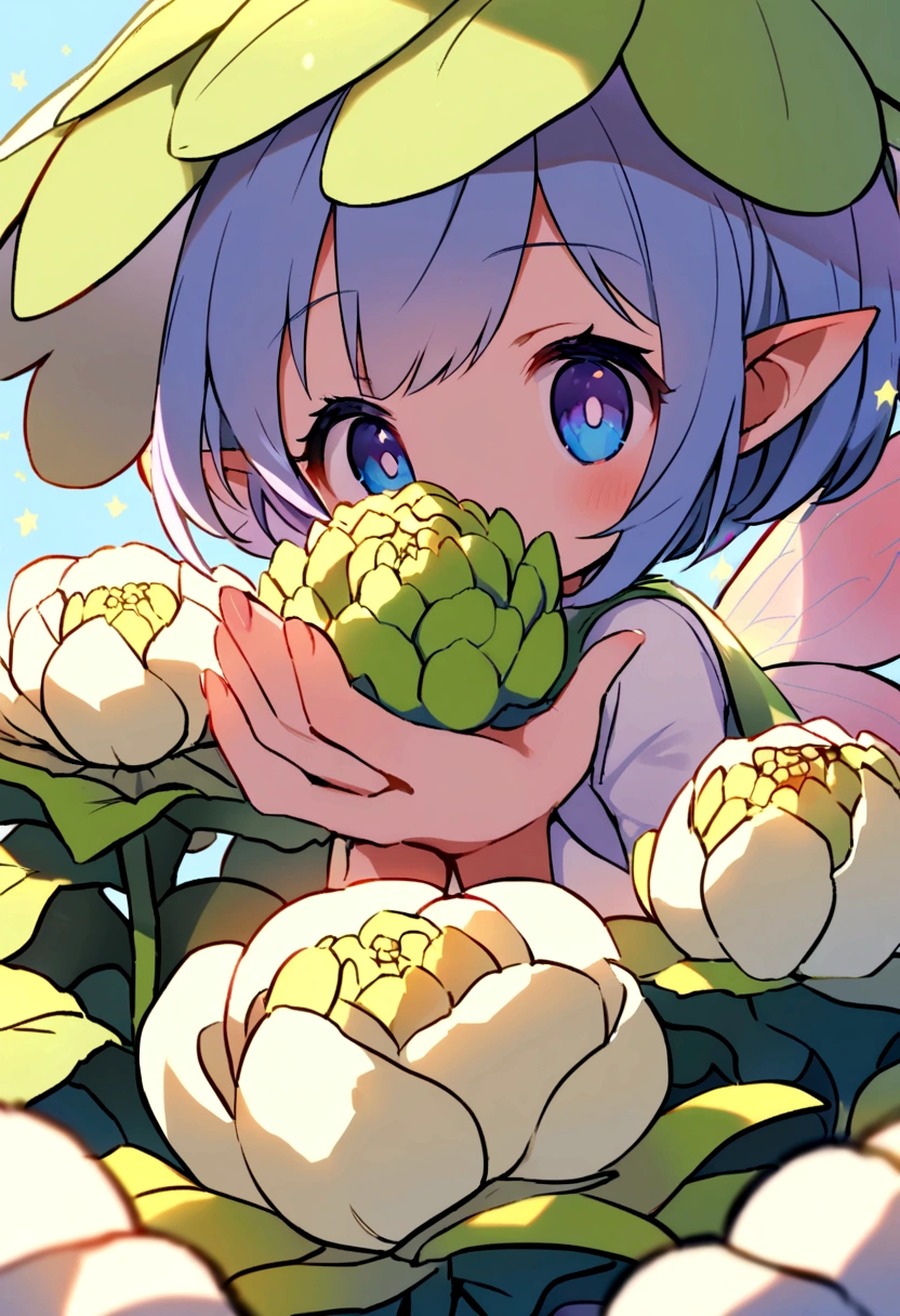 a cute fairy flying over a pile of Cauliflowers, holding one Cauliflower on her hand