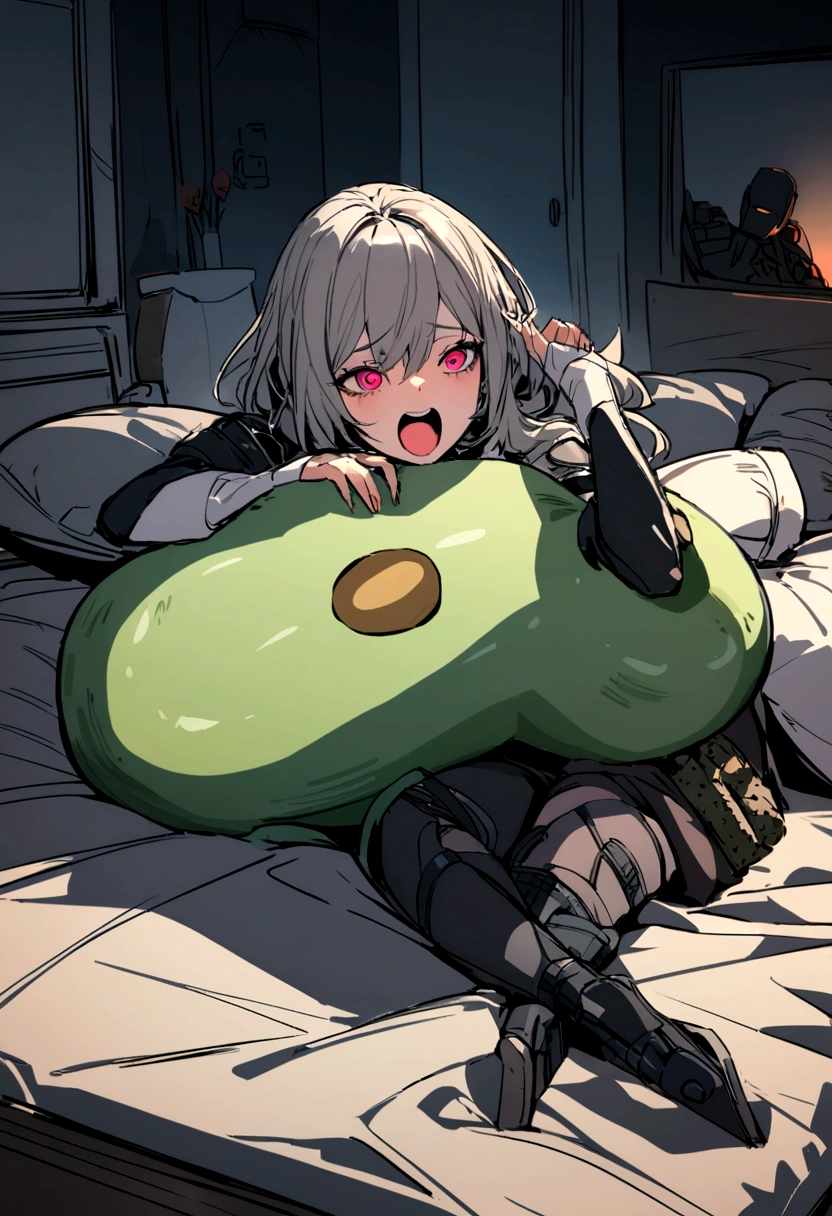 An avocado shaped like a woman in her room lying on the bed with pillows on top playing Call of Duty Mobile and screaming