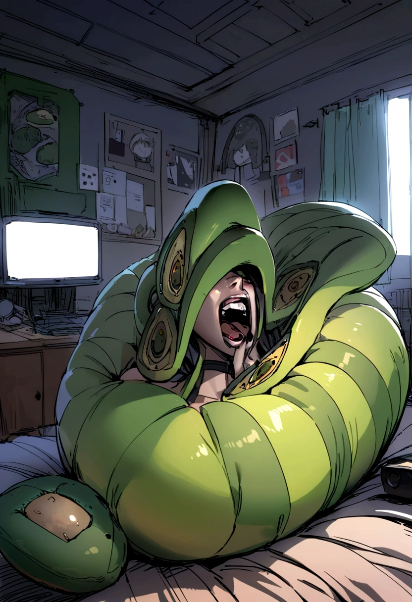 An avocado shaped like a woman in her room lying on the bed with pillows on top playing Call of Duty Mobile and screaming