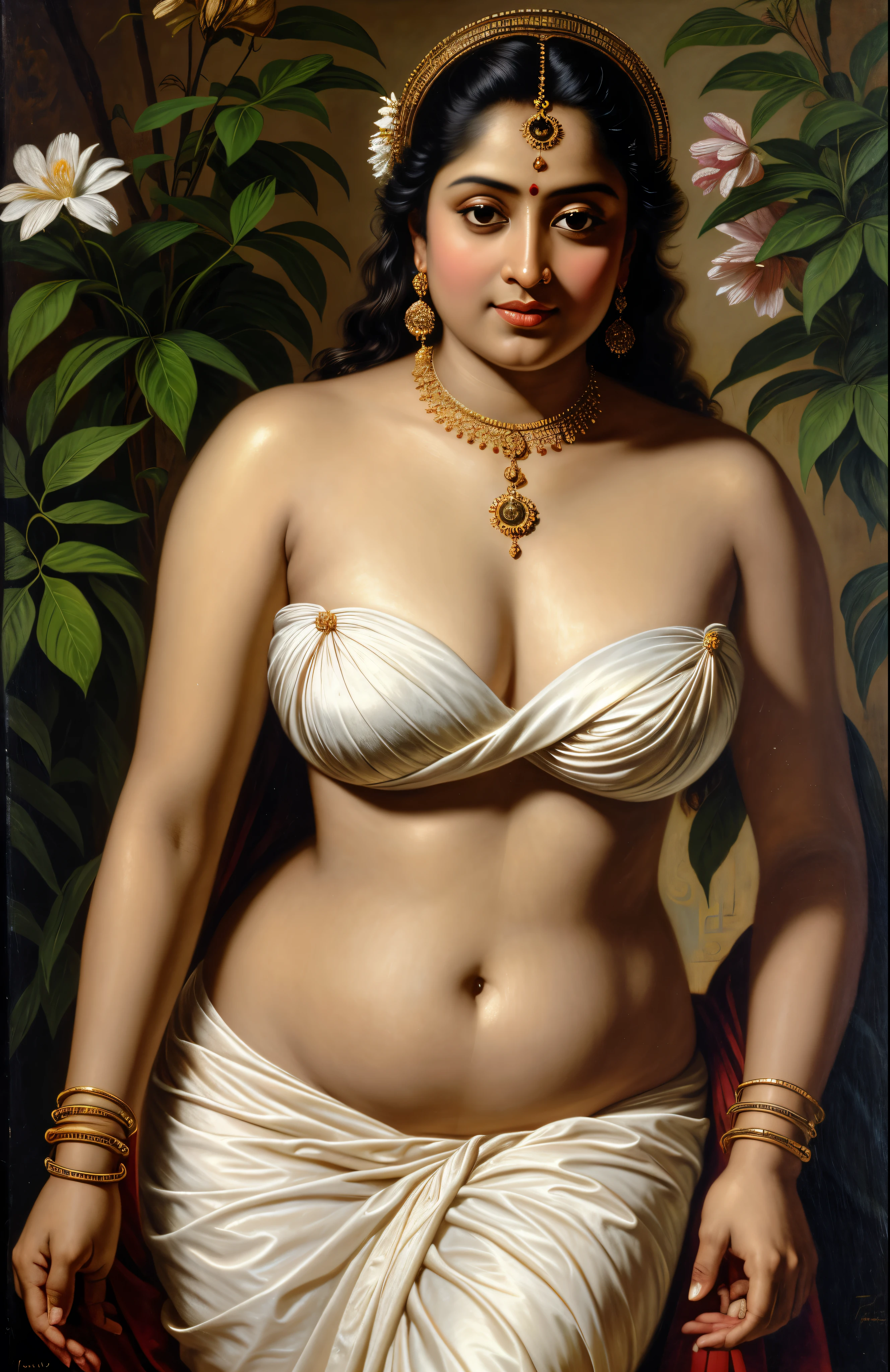 Looks like Roopa Ganguly, Beautiful Indian Woman, wearing saree, sari Beauty, gorgeous, curvy, sexy navel folds, Apsara, Maharani, royal queen woman, nymph from Hindu Mythology, Urvashi, matchless beauty, Highly detailed, Oil Painting by Peter Paul Rubens inspired by Raja Ravi Varma, Matchless beauty, captivating, gorgeous, heavenly beauty, celestial beauty, by Peter Paul Rubens, 13, realistic, hyper realistic, micro details, incredible artwork, insane details, ultra High resolution, 8k, 32k, acrylic on canvas, intricate, flawless, detailed, detailed face, detailed eyes, masterpiece, by Peter Paul Rubens, by Caravaggio, by William Adolphe bouguereau, perfect face, perfect body, beautiful art, realism, baroque, renaissance Art, highly textured, beautiful and detailed eyes, uhd, best quality,