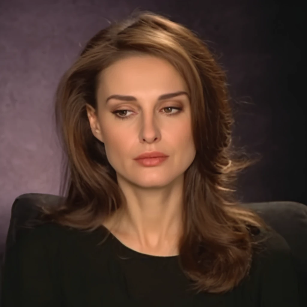 31 year olded European beautiful lady with long brown hair looking down at something, extremely beautiful, 8K, highly detailed, she has an expressionless face