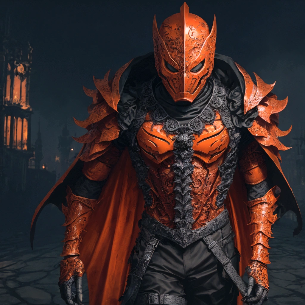 (extremely detailed 8k wallpaper), a medium shot photo of Grim dressed as a scary masked orange nature-supervillain in an orange armour made of orange glowing armour from marvel, theme, intricate, high detail, dramatic, old building with orange signs in the background