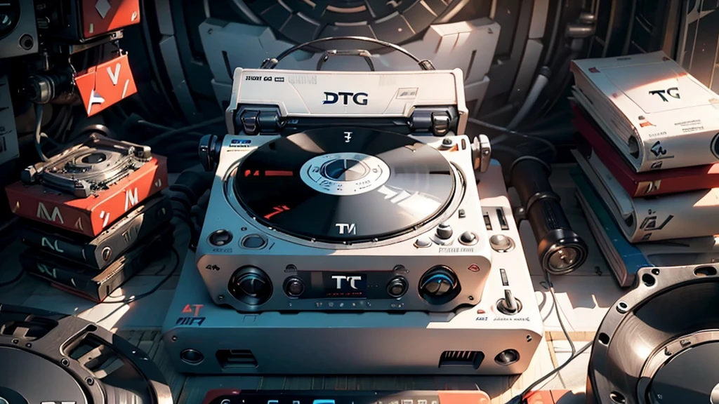 (DTG: 1.8), (DTG letters: 1.8), (Three letters: 1.8), DJ set, Music, cassette, CD Player, Futuristic device for music playing, Music reproducer, Lo-fi, writing, abstract, colorful, high resolution, high quality, neon colors, dark grey background, black grey grdient